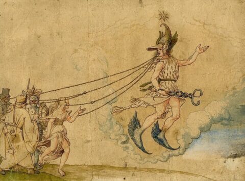 Ogmios, the Gaulish figure described by Lucian and often compared with the Irish Ogma. Early copy after Albrecht Dürer, public domain, via Wikimedia Commons.
