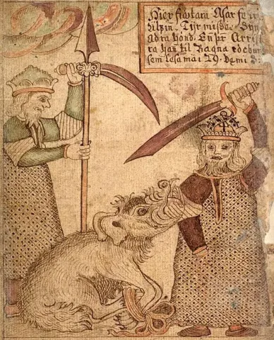 Fenrir biting Tyr’s hand, SÁM 66, fol. 78v, Jakob Sigurðsson, 1765–1766. Public Domain. Via Wikimedia Commons.