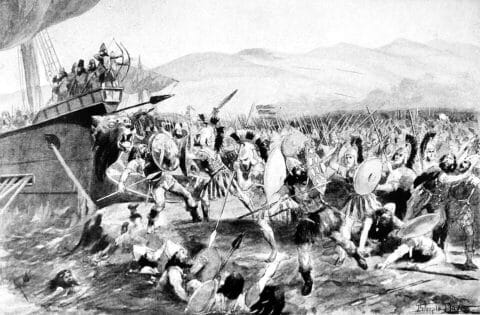 Scene of the Battle of Marathon. Illustration by John Steeple Davis, 1900. Public domain, via Wikimedia Commons