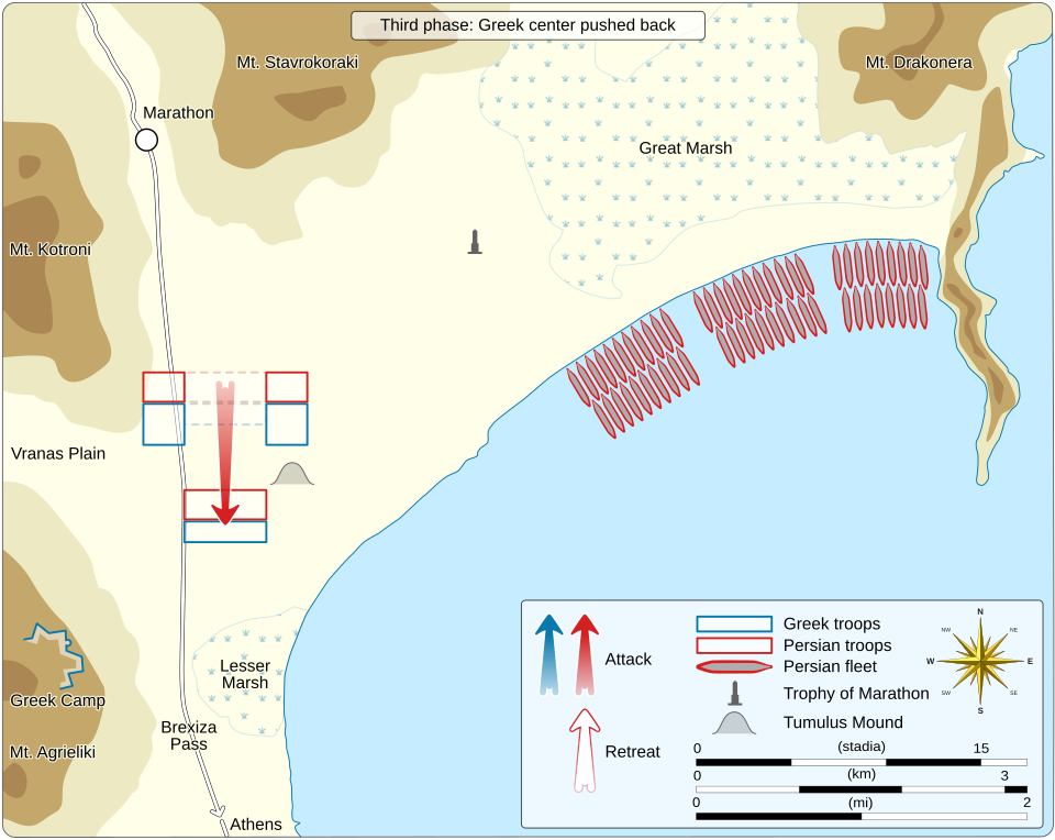 The Greek center is pushed back by the Persian center during the Battle of Marathon. Map by Goran tek-en, CC BY-SA 4.0, via Wikimedia Commons