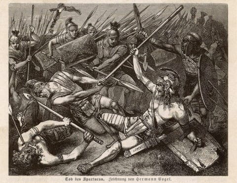 The death of Spartacus in the final battle, illustrated by Hermann Vogel in 1882. This article explores an alternate outcome in which Spartacus defeats Crassus. Public domain, via Wikimedia Commons.