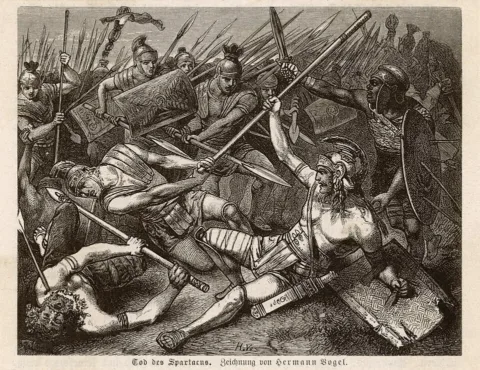 The death of Spartacus in the final battle, illustrated by Hermann Vogel in 1882. This article explores an alternate outcome in which Spartacus defeats Crassus. Public domain, via Wikimedia Commons.