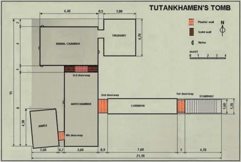 Plan of Tutankhamun’s tomb (KV62), created by Anuskafm. Licensed under CC BY-SA 3.0 via Wikimedia Commons.