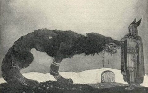 Tyr placing his hand in Fenrir’s mouth, illustrated by John Bauer in 1911. Image: John Bauer, Tyr and Fenrir (1911). Public Domain. Via Wikimedia Commons.