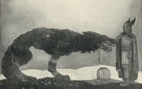 Tyr placing his hand in Fenrir’s mouth, illustrated by John Bauer in 1911.Image: John Bauer, Tyr and Fenrir (1911). Public Domain. Via Wikimedia Commons.