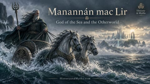 Manannán mac Lir, Irish god of the sea and the Otherworld, riding across the ocean in a chariot with a misty supernatural island in the distance