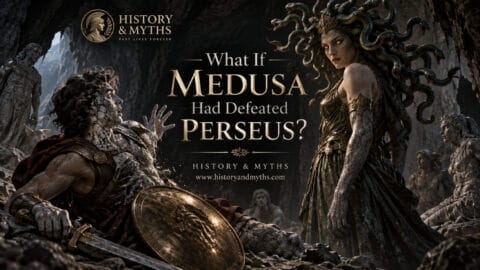 Medusa turning Perseus to stone in an alternate Greek mythology scenario