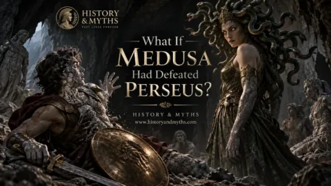 Medusa turning Perseus to stone in an alternate Greek mythology scenario