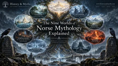 Illustration of Yggdrasil connecting the Nine Worlds of Norse mythology