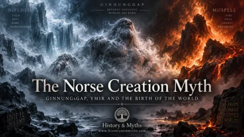 Ymir emerging between the icy realm of Niflheim and the fiery region of Muspell in the Norse creation myth.