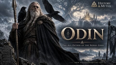 Odin, the All-Father of the Norse gods, shown with his spear Gungnir, ravens Huginn and Muninn, and Asgard in the background.