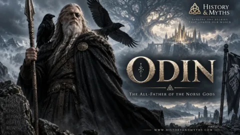 Odin, the All-Father of the Norse gods, shown with his spear Gungnir, ravens Huginn and Muninn, and Asgard in the background.
