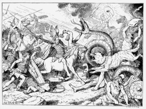 Ragnarök, the final battle, illustrated by Johannes Gehrts in 1888.Public domain, via Wikimedia Commons