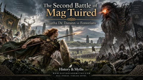 The Second Battle of Mag Tuired between the Tuatha Dé Danann and the Fomorians, with Lugh confronting Balor in Irish mythology