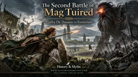 The Second Battle of Mag Tuired between the Tuatha Dé Danann and the Fomorians, with Lugh confronting Balor in Irish mythology