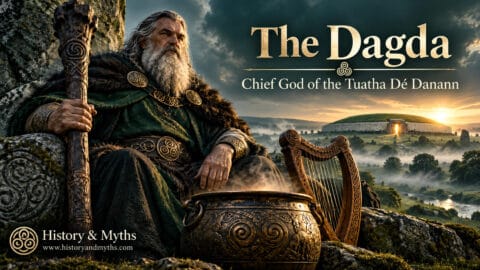The Dagda, chief god of the Tuatha Dé Danann, shown with his great club, cauldron, and harp near Brú na Bóinne in Irish mythology.
