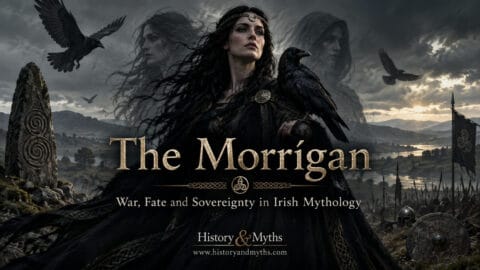 The Morrígan in Irish mythology with crows, battlefield imagery, and symbols of war, fate, and sovereignty
