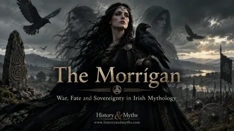 The Morrígan in Irish mythology with crows, battlefield imagery, and symbols of war, fate, and sovereignty