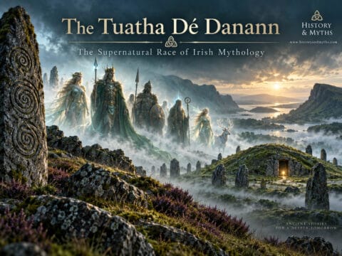 The Tuatha Dé Danann, supernatural figures of Irish mythology, shown in a misty ancient Irish landscape with sacred mounds and standing stones.