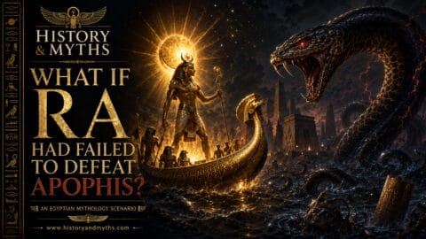 What if Ra failed to defeat Apophis? Egyptian mythology illustration of Ra’s solar barque facing Apophis in the Duat.