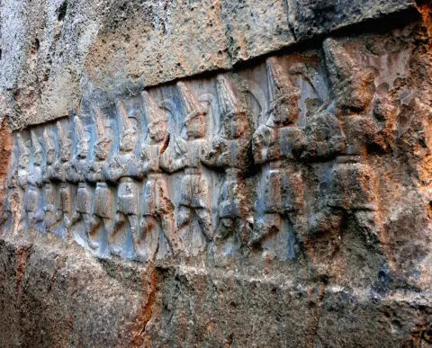 The Twelve Underworld Gods, Chamber B at Yazılıkaya, near Hattusa. Photo: Ywpark2003 / Wikimedia Commons (CC0 1.0). The relief is not an identified depiction of Lelwani.