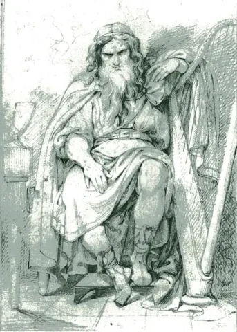 Bragi with his harp, illustrated by Carl Wahlbom (1810–1858). Public domain, via Wikimedia Commons.