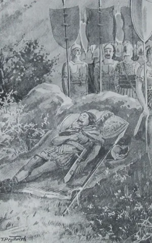 The Dream of Macsen Wledig (1906), illustration by Thomas Prytherch, published in Chwedlau Cymru Fu, Merthyr Tudful. Public Domain. Source: Wikimedia Commons.