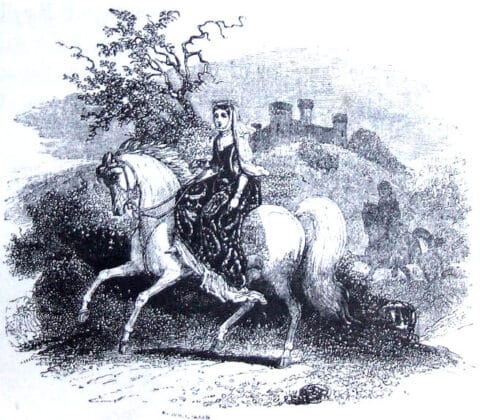 Rhiannon Riding at Arberth (1877), from The Mabinogion, translated by Lady Charlotte Guest. Illustrator unknown. Source: Wikimedia Commons. Public domain in the United States; copyright status may vary elsewhere.
