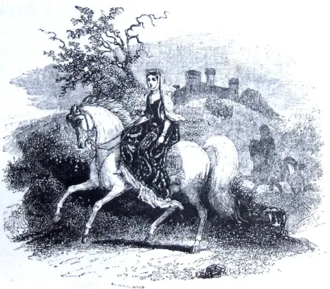 Rhiannon Riding at Arberth (1877), from The Mabinogion, translated by Lady Charlotte Guest. Illustrator unknown. Source: Wikimedia Commons. Public domain in the United States; copyright status may vary elsewhere.