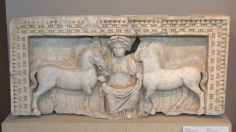 Relief of Epona, 4th century CE, Archaeological Museum of Thessaloniki, Greece. Photograph by Tilemahos Efthimiadis (2013), via Wikimedia Commons. Licensed under CC BY-SA 2.0.