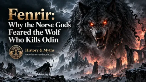 Conceptual illustration of Fenrir, the giant wolf of Norse mythology, breaking his chains at Ragnarök as Odin approaches across a burning battlefield.