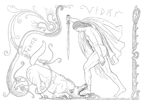 Vidar confronting Fenrir, illustration by Lorenz Frølich (1895), from Den ældre Eddas Gudesange. Public Domain. Source: Wikimedia Commons.