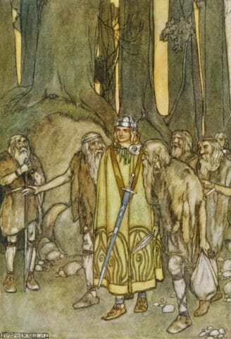Finn McCool among the Fianna, illustration by Stephen Reid (1932). Wikimedia Commons, Public Domain.