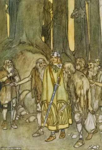 Finn McCool among the Fianna, illustration by Stephen Reid (1932). Wikimedia Commons, Public Domain.