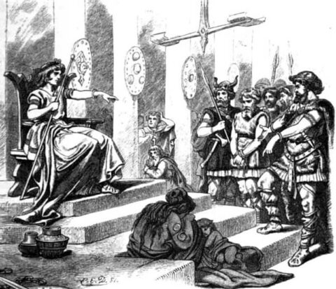 Forseti presiding over a dispute, illustrated by Carl Emil Doepler and published in 1882. Public domain, via Wikimedia Commons.