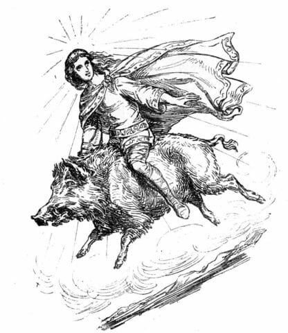 Freyr riding Gullinbursti, illustration by Ludwig Pietsch (1824–1911), published in 1865. Public Domain. Source: Wikimedia Commons