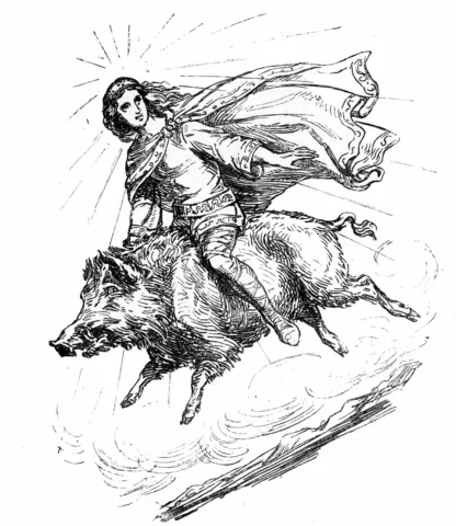 Freyr riding Gullinbursti, illustration by Ludwig Pietsch (1824–1911), published in 1865. Public Domain. Source: Wikimedia Commons