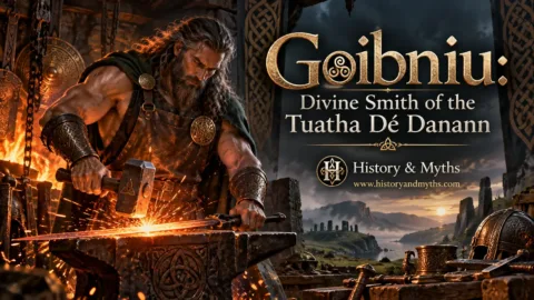 Imagined depiction of Goibniu, the divine smith of the Tuatha Dé Danann, forging a weapon at his anvil in Irish mythology.