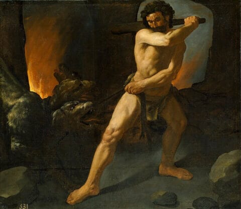 Hercules and Cerberus, painted by Francisco de Zurbarán, 1634. Museo Nacional del Prado, Madrid. Public Domain. Source: Wikimedia Commons.