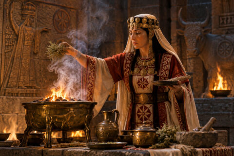 Modern artistic interpretation of Kamrusepa performing a Hittite purification ritual. This illustration is not an ancient or historically identified depiction of the goddess.