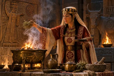 Modern artistic interpretation of Kamrusepa performing a Hittite purification ritual. This illustration is not an ancient or historically identified depiction of the goddess.