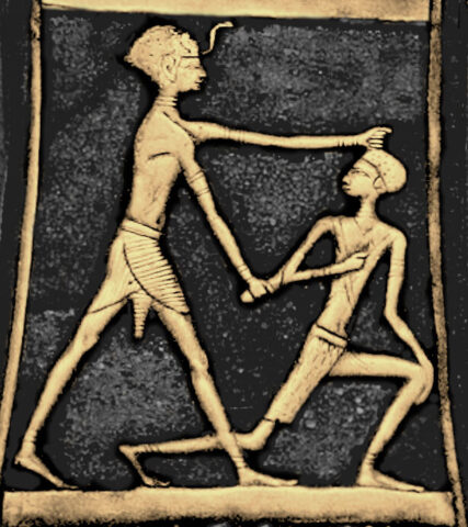 Pharaoh Ahmose I smiting an enemy, based on a ceremonial axe from the Treasure of Queen Ahhotep II. Reconstruction after Georges Daressy, digitally colorized. Public Domain, via Wikimedia Commons