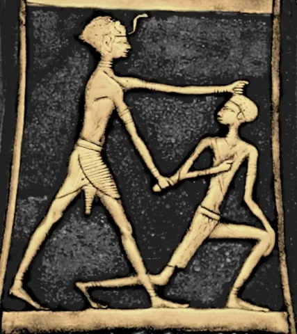 Pharaoh Ahmose I smiting an enemy, based on a ceremonial axe from the Treasure of Queen Ahhotep II. Reconstruction after Georges Daressy, digitally colorized. Public Domain, via Wikimedia Commons
