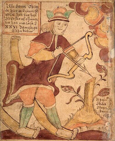 Ullr with his bow and skis, illustrated by Jakob Sigurðsson in an Icelandic manuscript, c. 1765–1766. Public domain, via Wikimedia Commons.