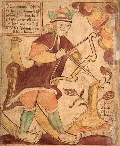 Ullr with his bow and skis, illustrated by Jakob Sigurðsson in an Icelandic manuscript, c. 1765–1766. Public domain, via Wikimedia Commons.