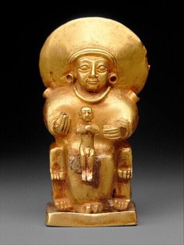 Seated Goddess with a Child, Hittite Empire, ca. 14th–13th century BCE. Metropolitan Museum of Art, accession 1989.281.12. CC0 1.0 (Public Domain), via Wikimedia Commons. Possibly representing the Sun Goddess of Arinna.