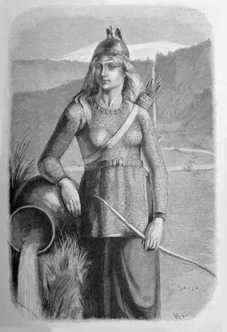 Skadi (Skaði), illustration by Carl Fredrik von Saltza, engraved by Ludvig Bernhard Hansen (1893). Public domain. Source: Wikimedia Commons.