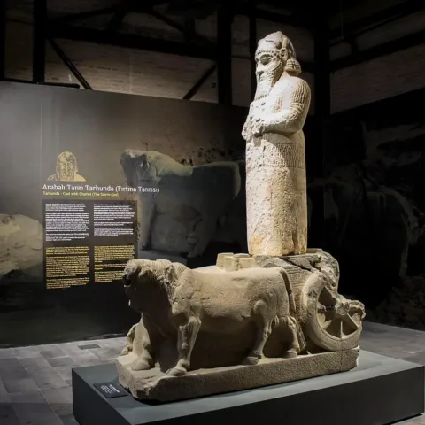 The storm god Tarhunza standing on a chariot drawn by bulls, from the Iron Age Çineköy monument, Adana Archaeological Museum, Turkey. Photo: Yılmaz Kilim (2017). Source: Wikimedia Commons. License: CC0 1.0 (Public Domain).