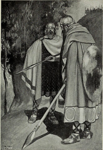 The Two Ambassadors, illustration of Sreng and Bres by Stephen Reid (1910), from Myths and Legends of the Celtic Race by T. W. Rolleston. No known copyright restrictions. Wikimedia Commons