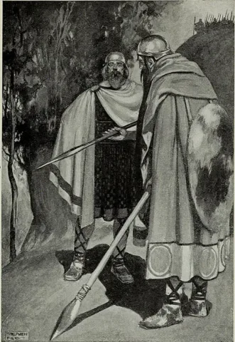 The Two Ambassadors, illustration of Sreng and Bres by Stephen Reid (1910), from Myths and Legends of the Celtic Race by T. W. Rolleston. No known copyright restrictions. Wikimedia Commons